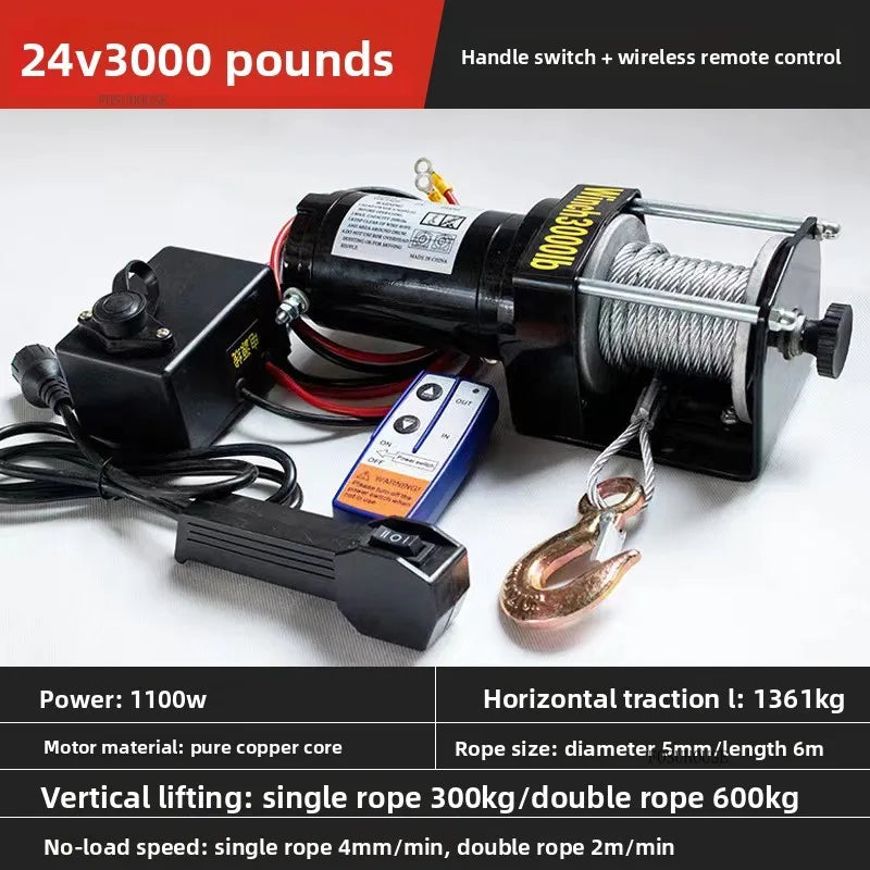 Electric Winch 12V/24V for ATV/UTV – Off-Road Self-Rescue, Compact Hoist, 680kg Pull