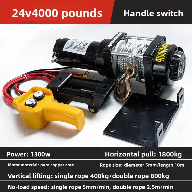Electric Winch 12V/24V for ATV/UTV – Off-Road Self-Rescue, Compact Hoist, 680kg Pull