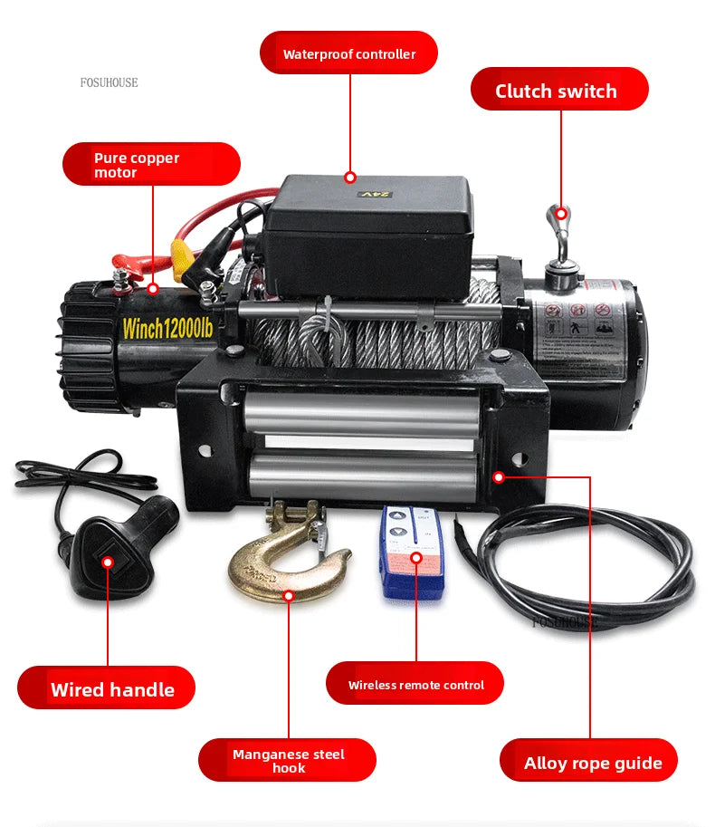 Electric Winch 12V/24V for ATV/UTV – Off-Road Self-Rescue, Compact Hoist, 680kg Pull