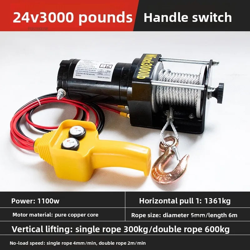 Electric Winch 12V/24V for ATV/UTV – Off-Road Self-Rescue, Compact Hoist, 680kg Pull
