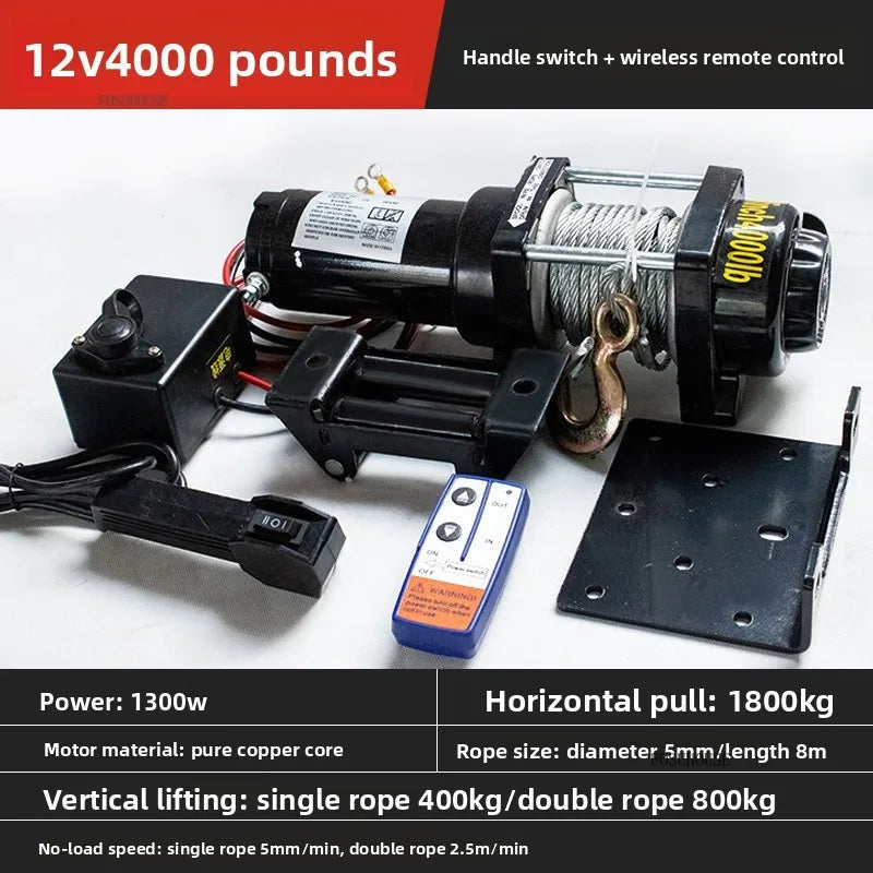 Electric Winch 12V/24V for ATV/UTV – Off-Road Self-Rescue, Compact Hoist, 680kg Pull