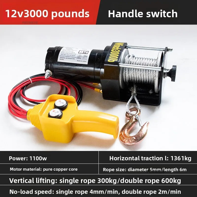 Electric Winch 12V/24V for ATV/UTV – Off-Road Self-Rescue, Compact Hoist, 680kg Pull