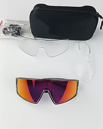 Load video: Custom TR90 Photochromic Cycling Sunglasses – 2 Interchangeable UV400 Lenses, Mirror Sports Eyewear for Road &amp; MTB Riders